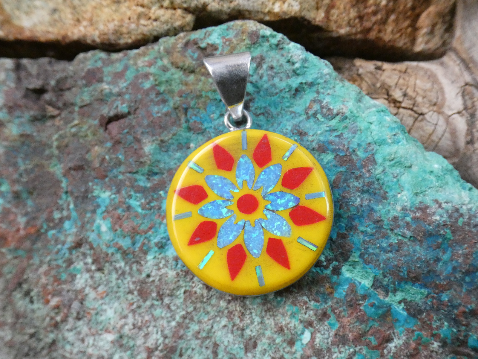 Yellow Flower Burst Gemstone Opal Aluminum Sterling Silver Alloy Pendant AK81