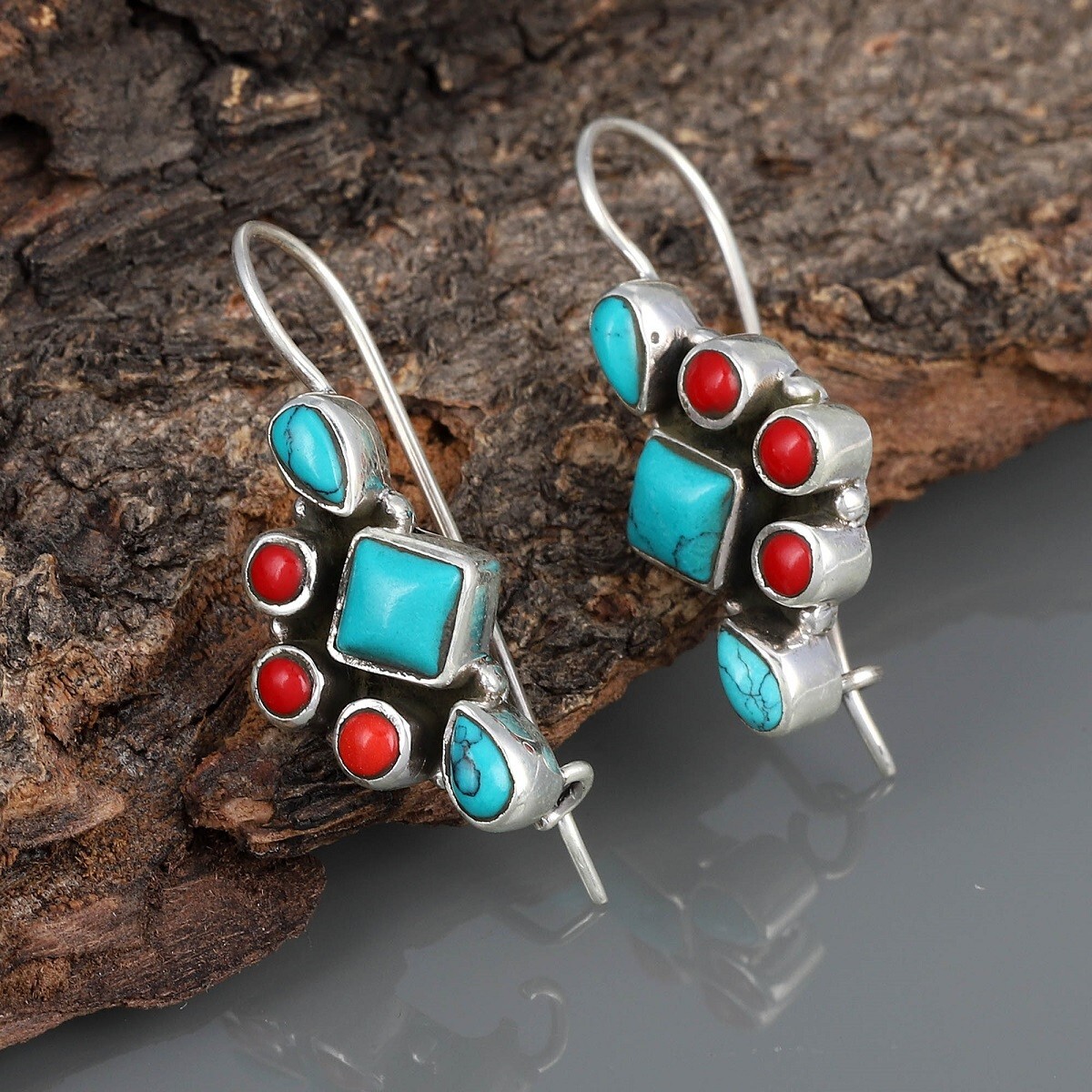 925 Sterling Silver Handmade Earrings Natural Turquoise & Coral Stone Earrings