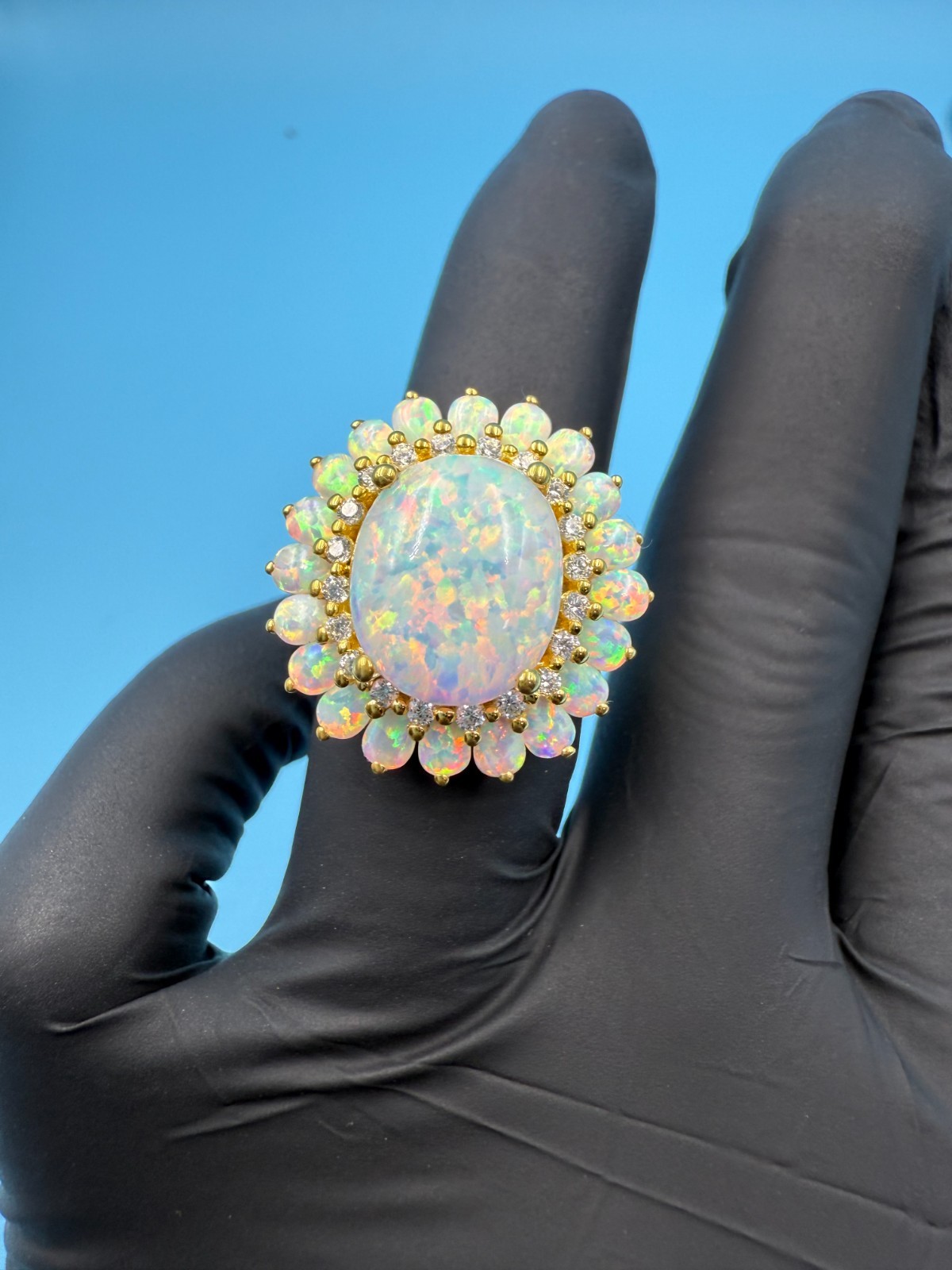 3.20Ct Oval Cut Genuine Fire Opal Cluster Engagement Ring 14K Yellow Gold Plated