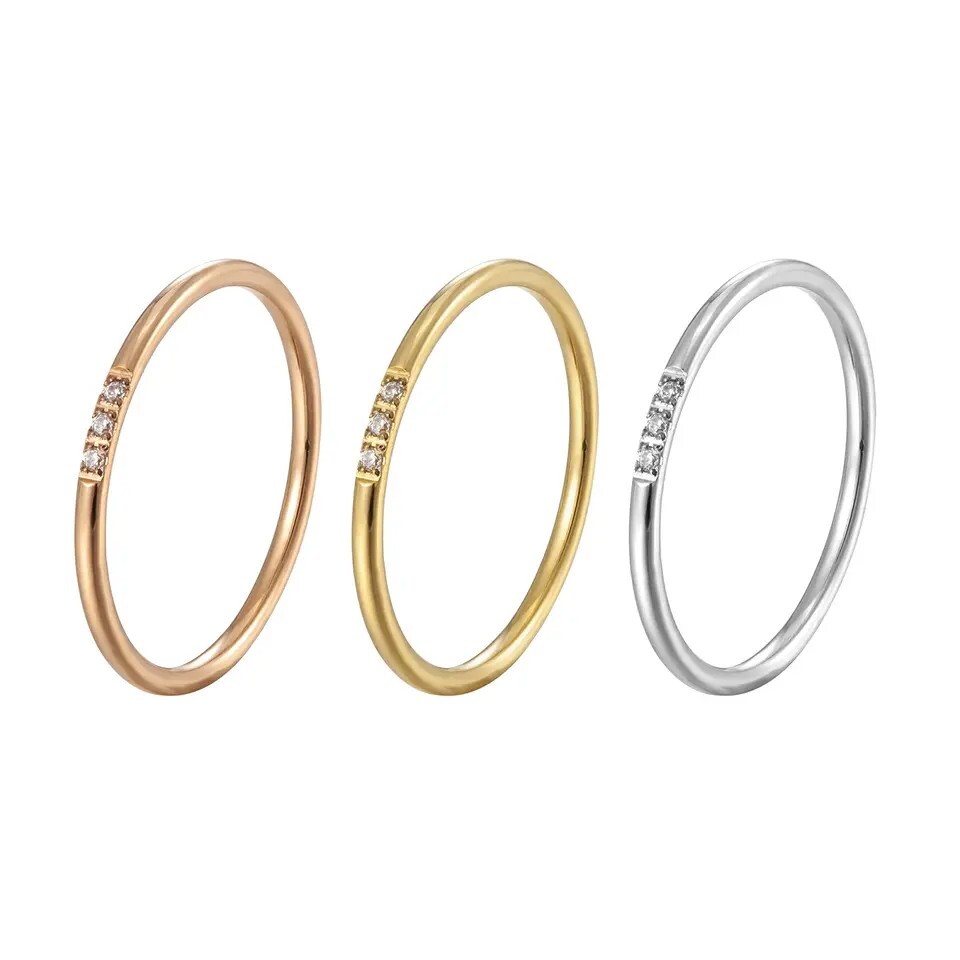 Women 1mm Thin Silver Gold Plated CZ Inlay Stainless Steel Stackable Ring Band