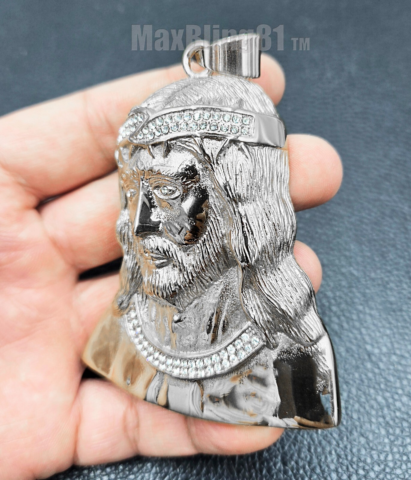 Stainless Steel Large Portrait Jesus Cubic Zirconia Charm Pendant Religious S-97