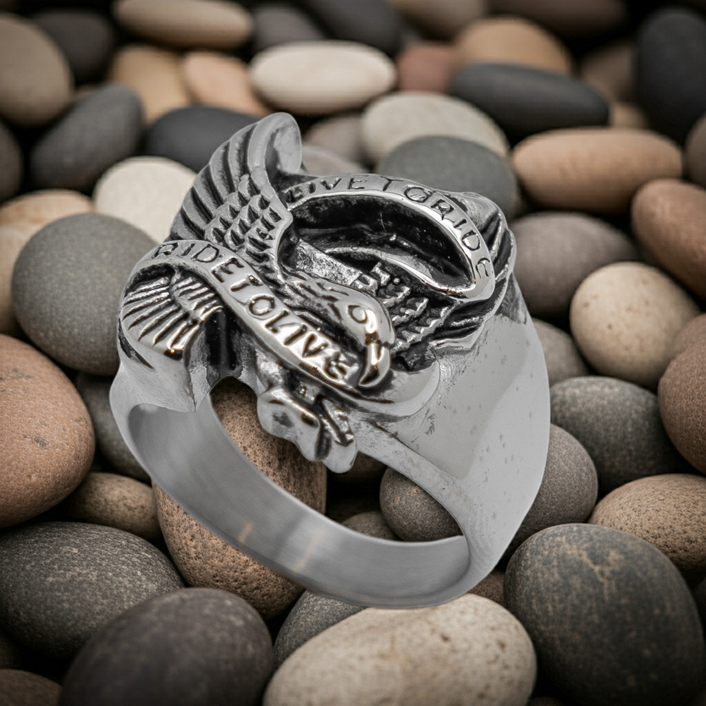 Eagle Stainless Motorcycle Biker Ring Live to Ride / Ride to Live 58