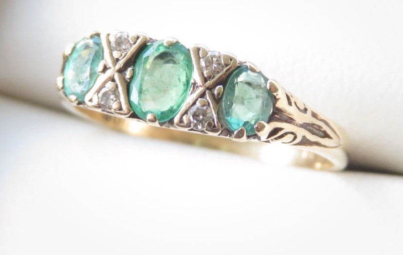 9kt Yellow Gold Emerald And Diamond Bridge Ring. Size L.5