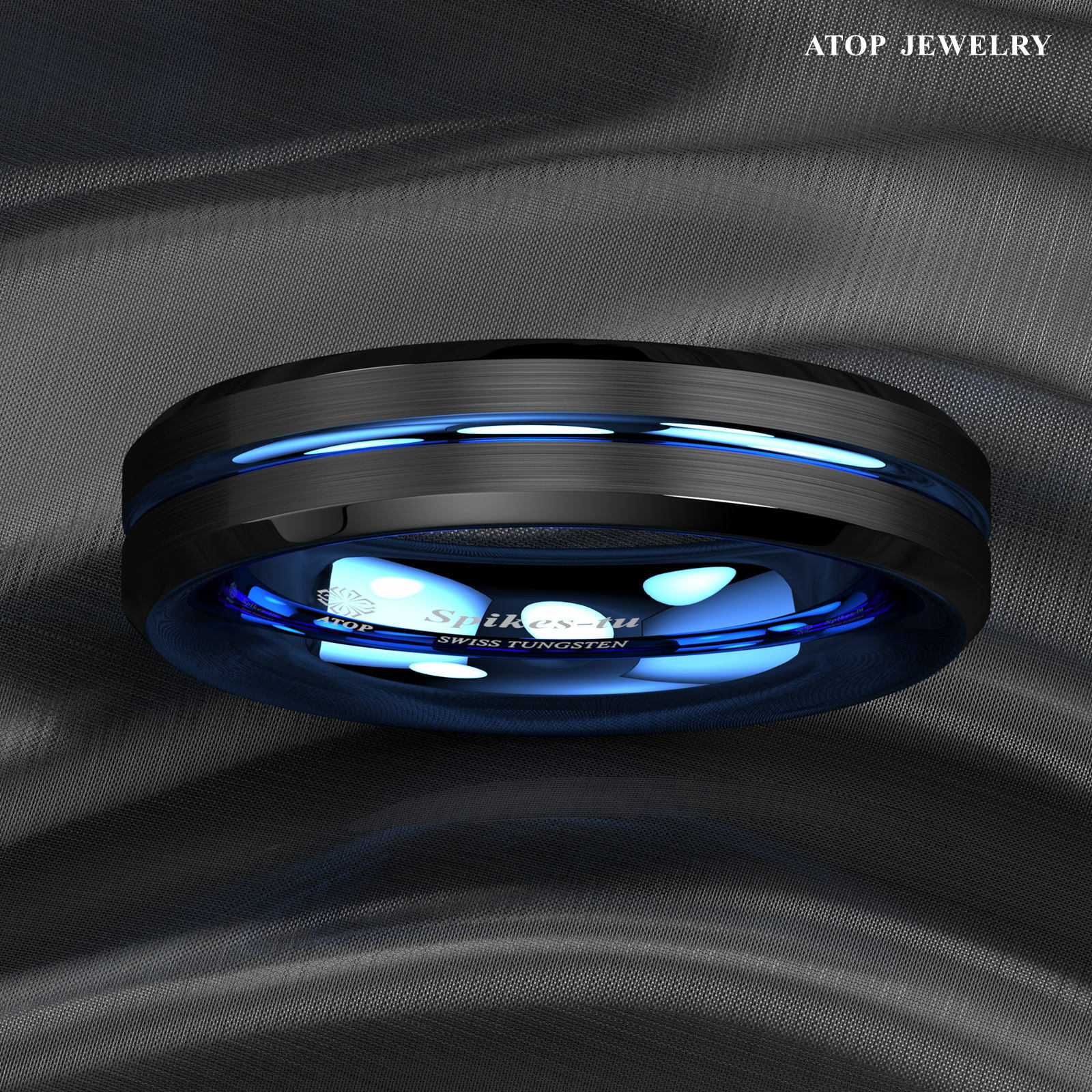 8/6mm Tungsten Men’s Ring Thin Blue Line-Inside Black Brushed Band ATOP Jewelry