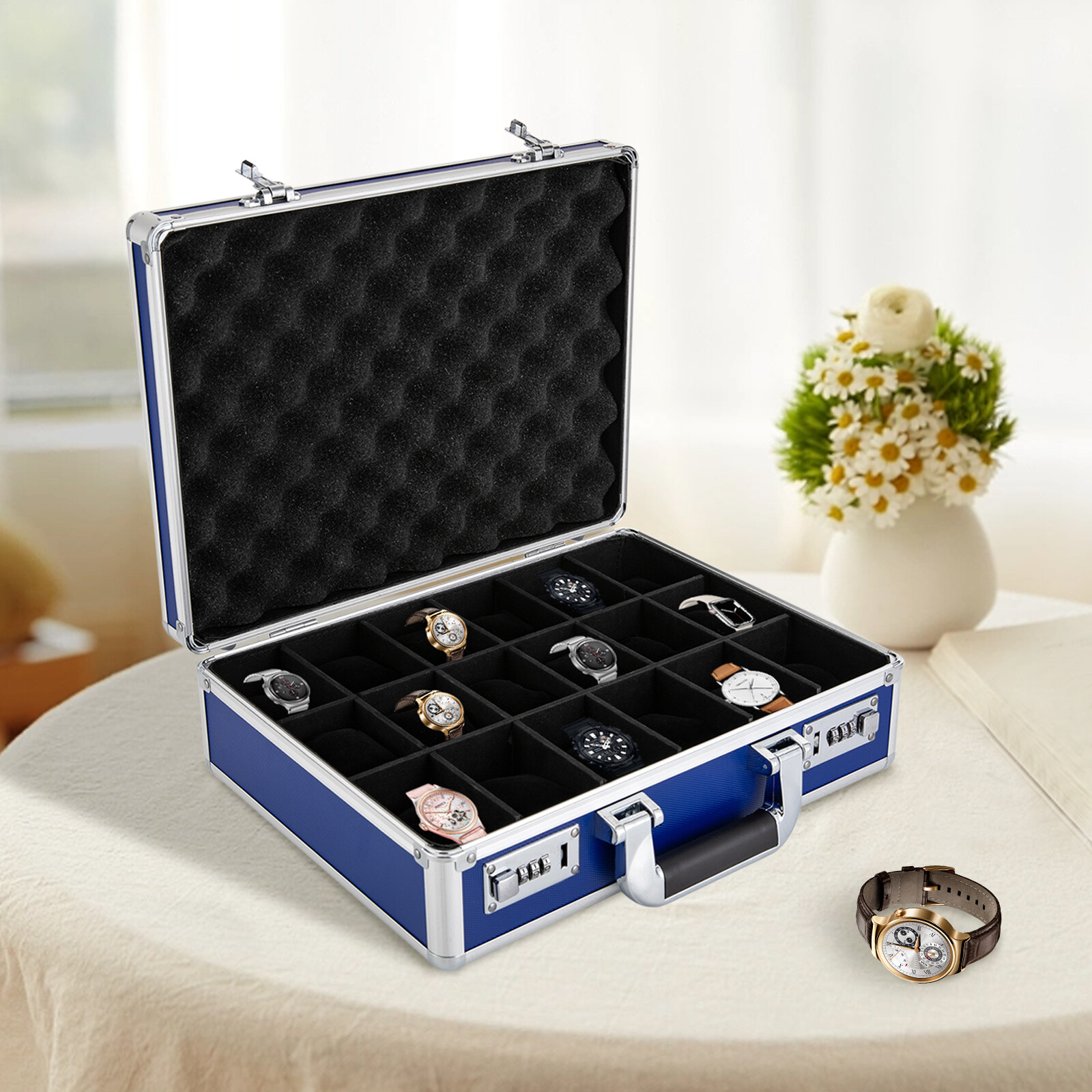 Blue 18-Slot Locking Watch Storage Case Aluminum Alloy & ABS Briefcase