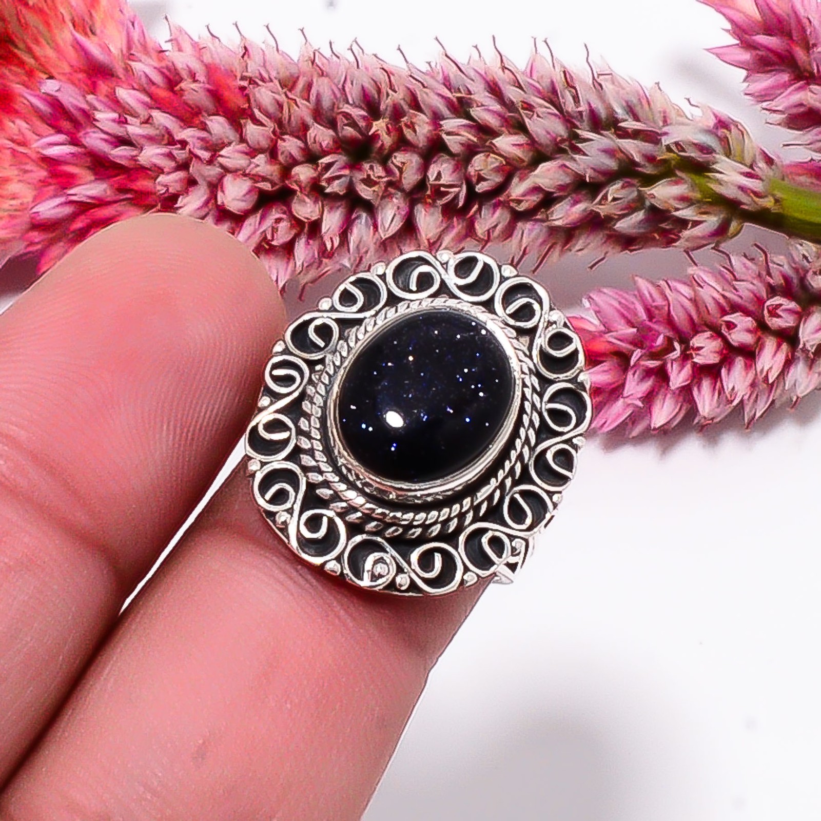 Blue Sunstone Fine Art Oxidised 925 Sterling Silver Ring S.6 R115541