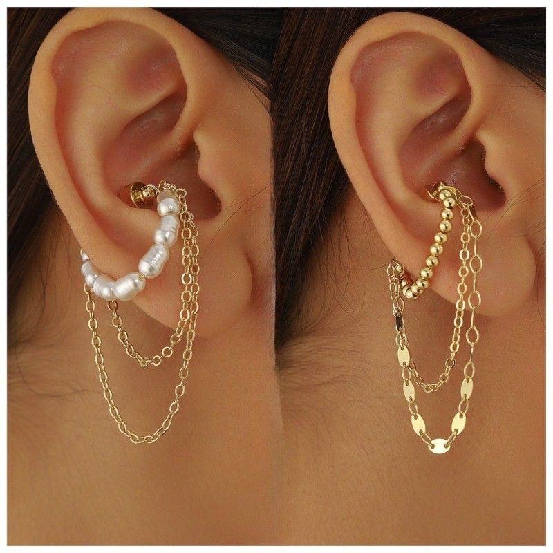 Women’s Multi Material Imitation Pearl Tassel Ear Clip Magnet Earrings Single