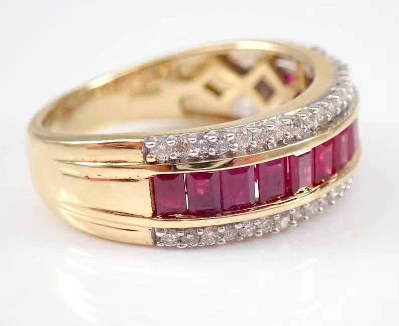 3.00 Ct Emerald Cut Natural Ruby & Diamond Wedding Ring 14K Yellow Gold