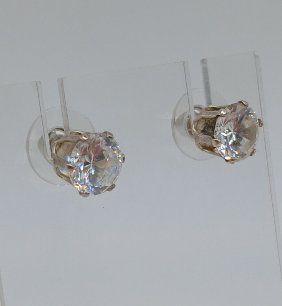 VTG 925 CZ Stud Earrings 7.8mm Sterling Silver 1.96gtw Round Solitaire Estate