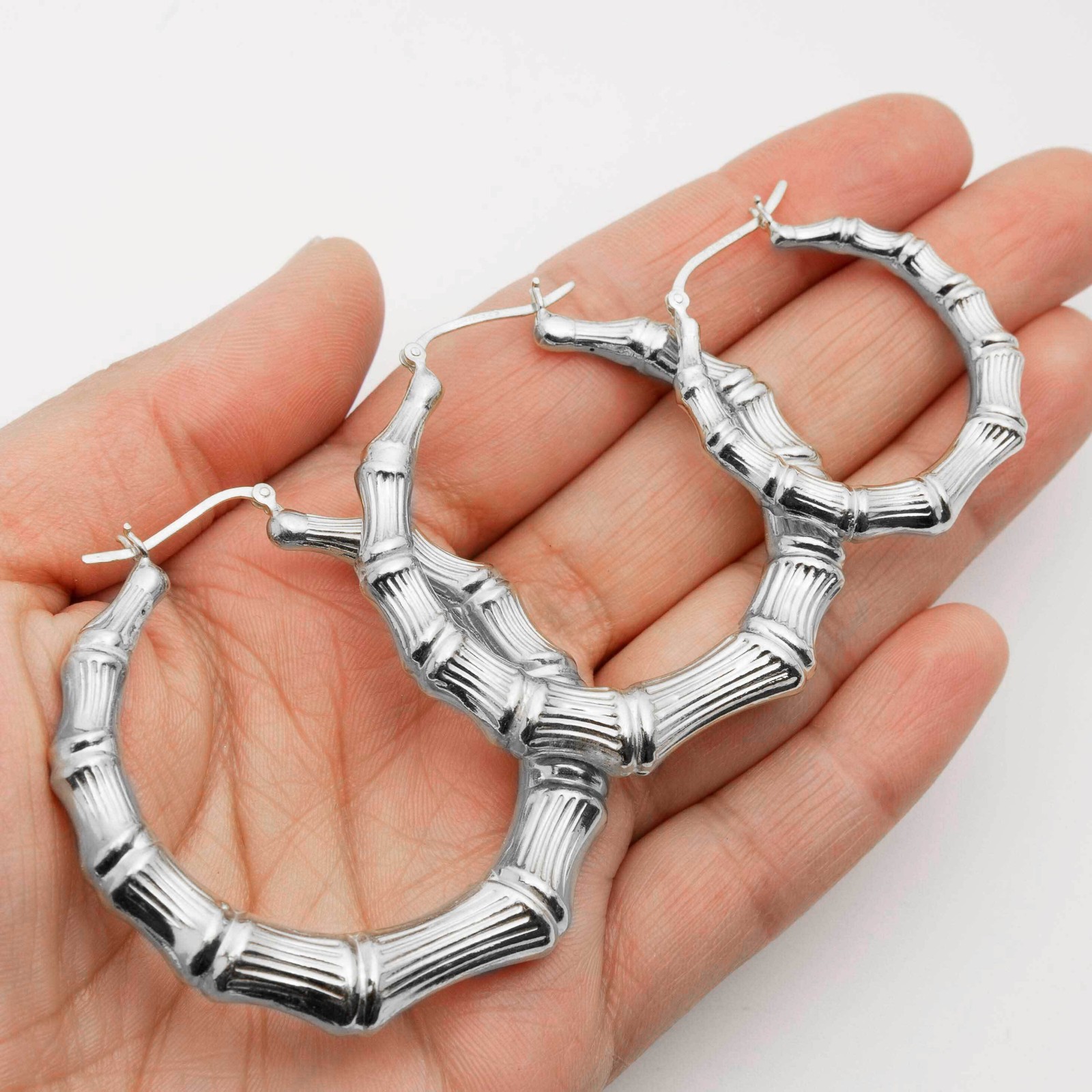 Graduated Diamond-Cut Bamboo Hoop Earrings 925 Sterling Silver