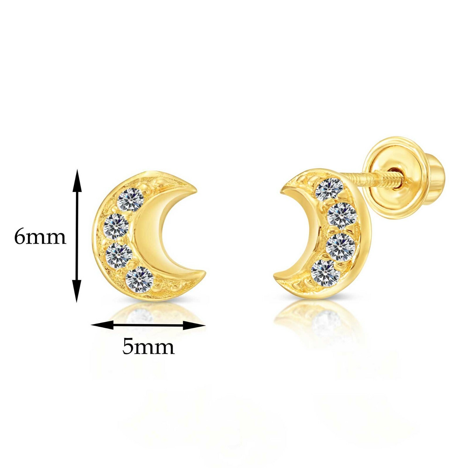 10K Real Solid Yellow Gold Crescent Moon CZ Sleeper Studs Earrings Screw-back