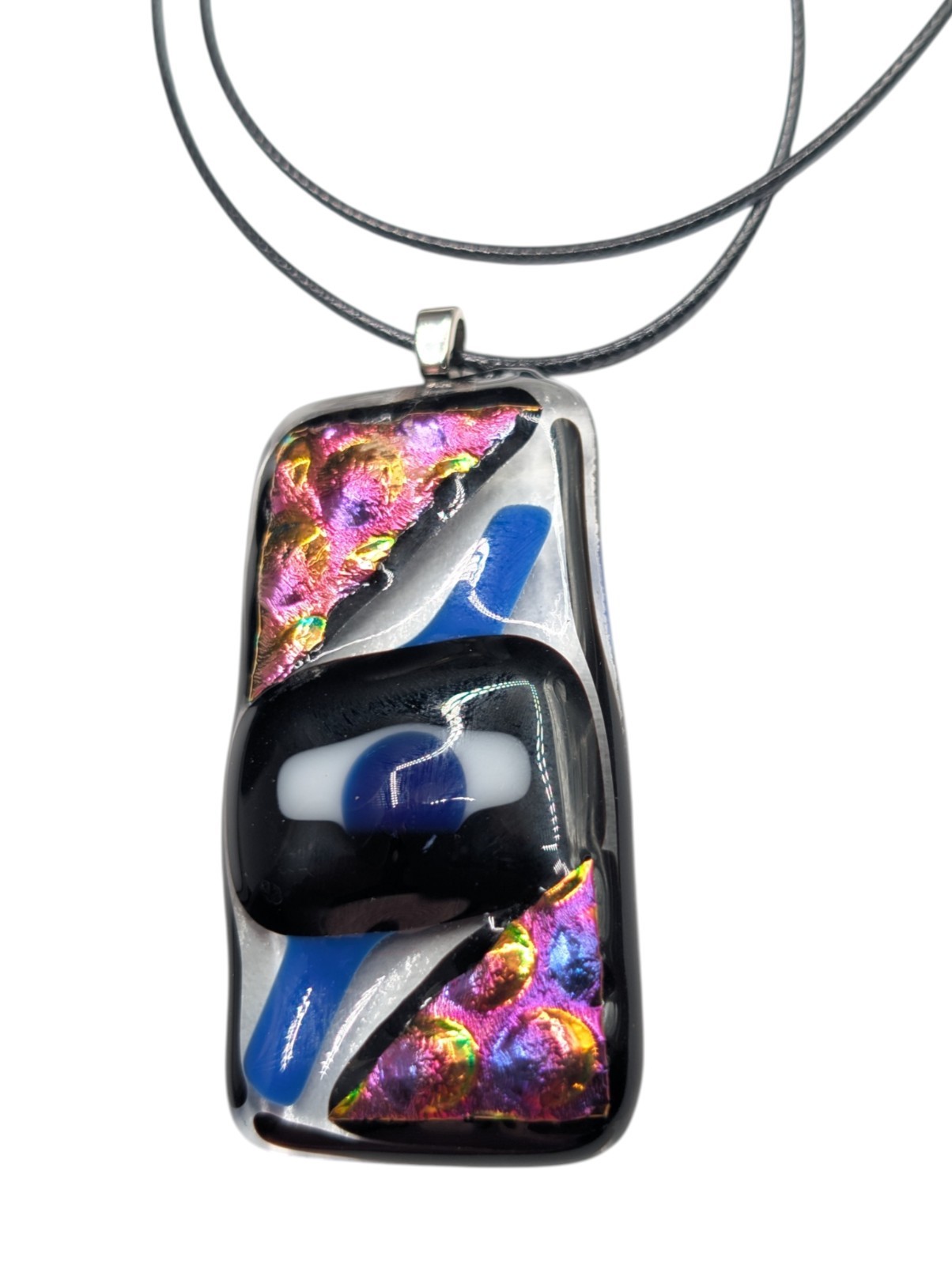 Dichroic Fused Art Glass Evil Eye Luck Protection Pendant Black Cord Necklace
