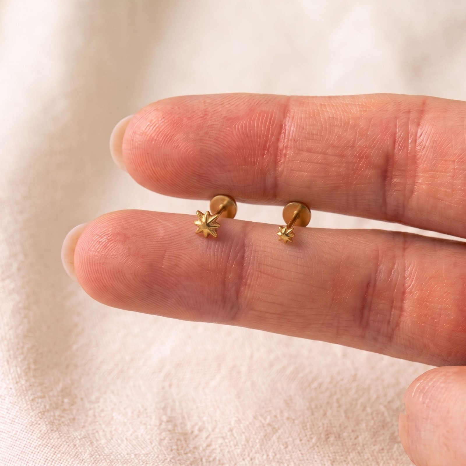 Mini Starburst Flat Back Earrings 14K Gold Plated Titanium Threadless Labret