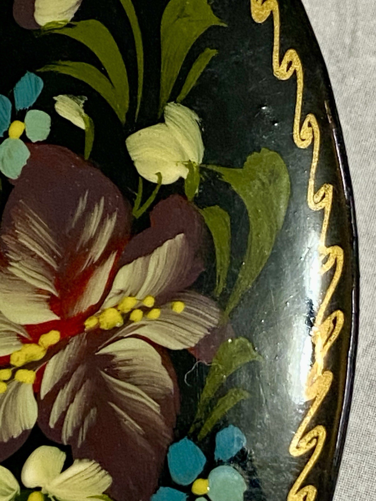 Vintage Russian Brooch Hand Painted Black Lacquer Floral Pin Signed 2.25″