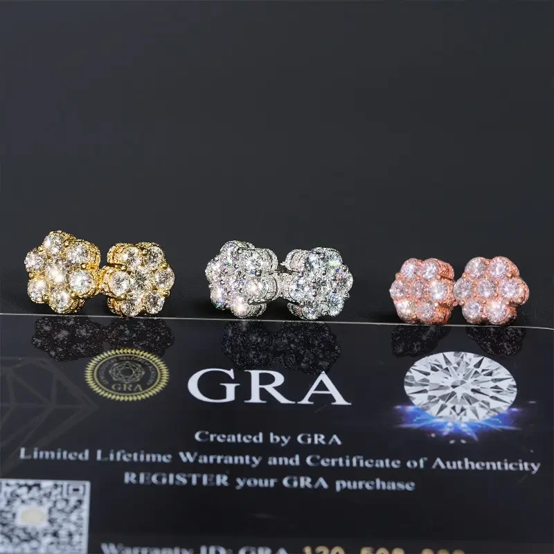 HELLOICE Moissanite Cluster Flower Stud Earrings VVS D Color Full Synthetic Mois