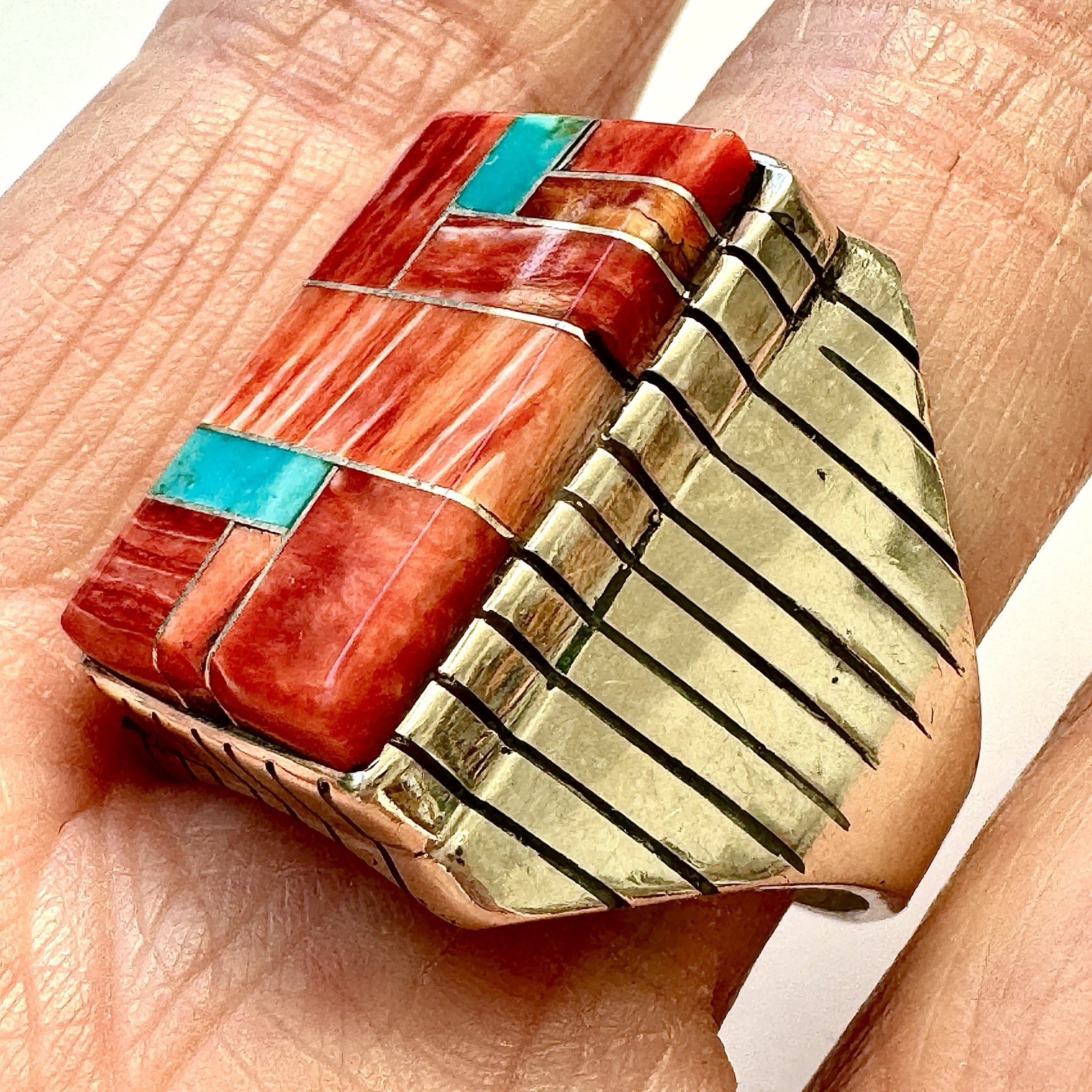 Turquoise Multi Stone Inlay Mens Ring Sz 12.5 Navajo Sterling Signed T Jack 22mm