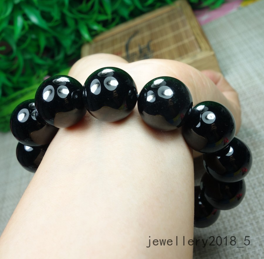 Certified Black Green Burma 100% natural A jadeite jade Bead Bracelets墨翠18mm圆珠手链