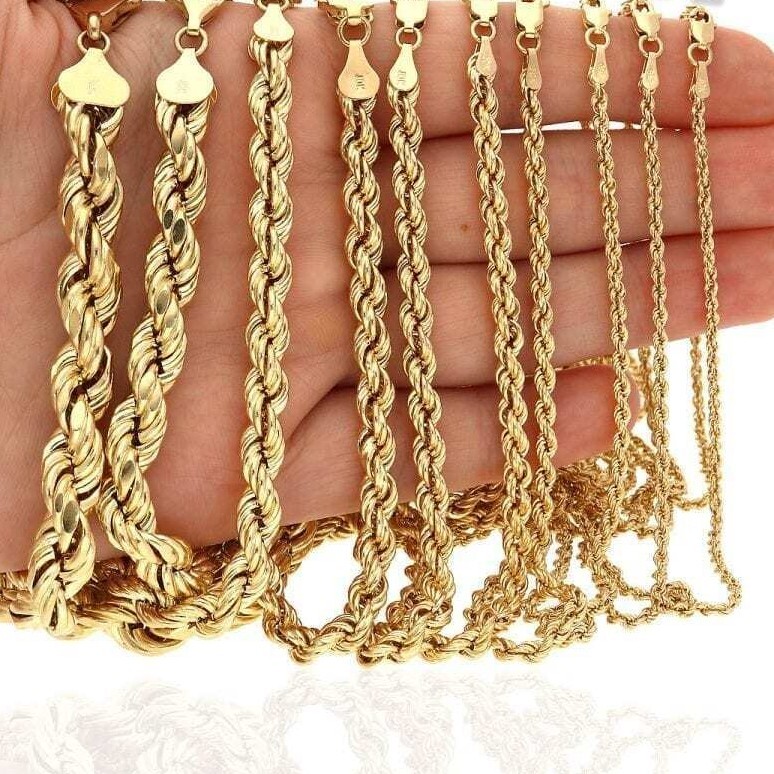 10K Real Gold 1.8mm-9mm Hollow Rope Chain Necklace 16″-30″