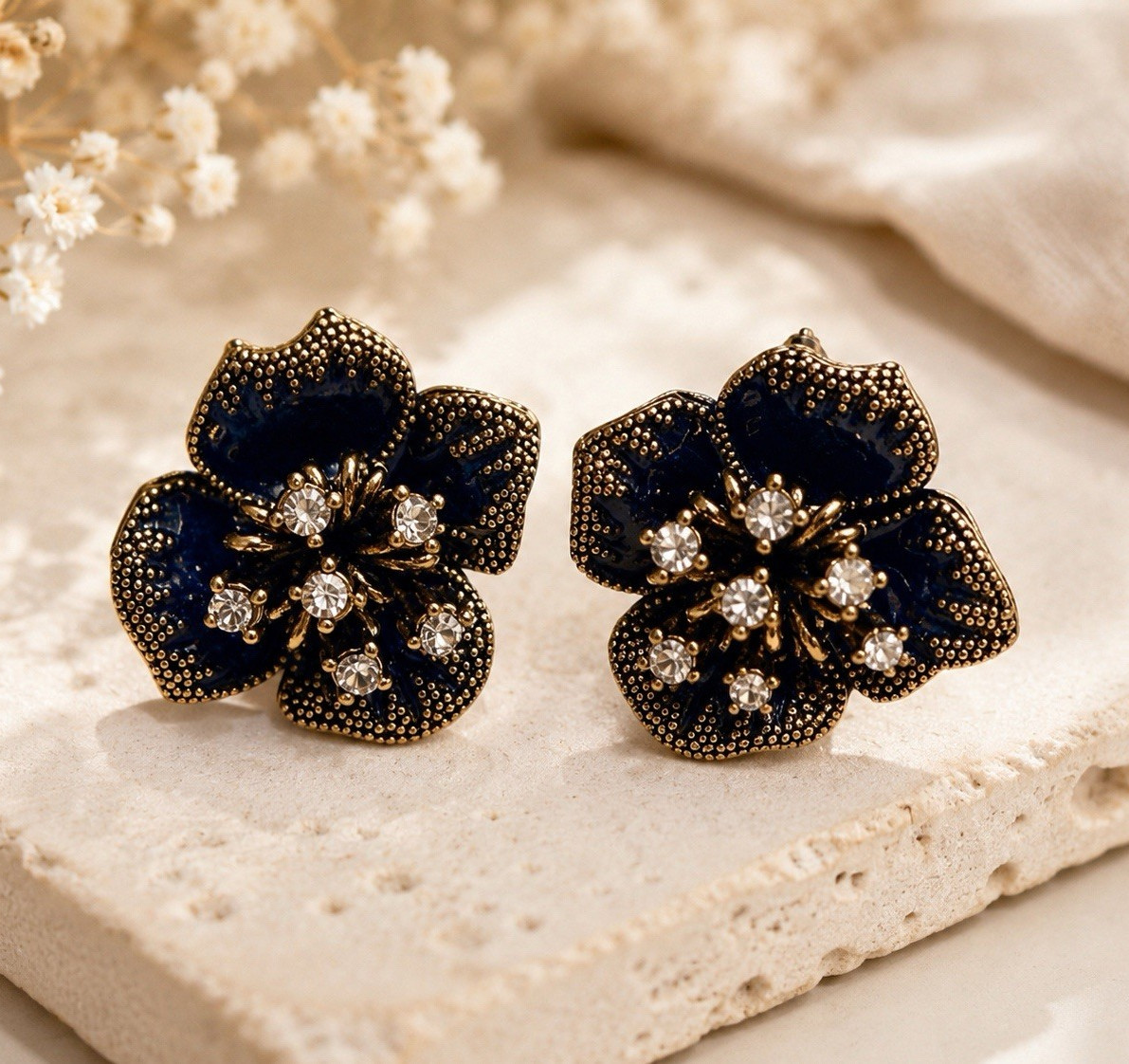 Stud Earrings Blue Enamel Flower Cluster Clear Rhinestone Screw Back Gold