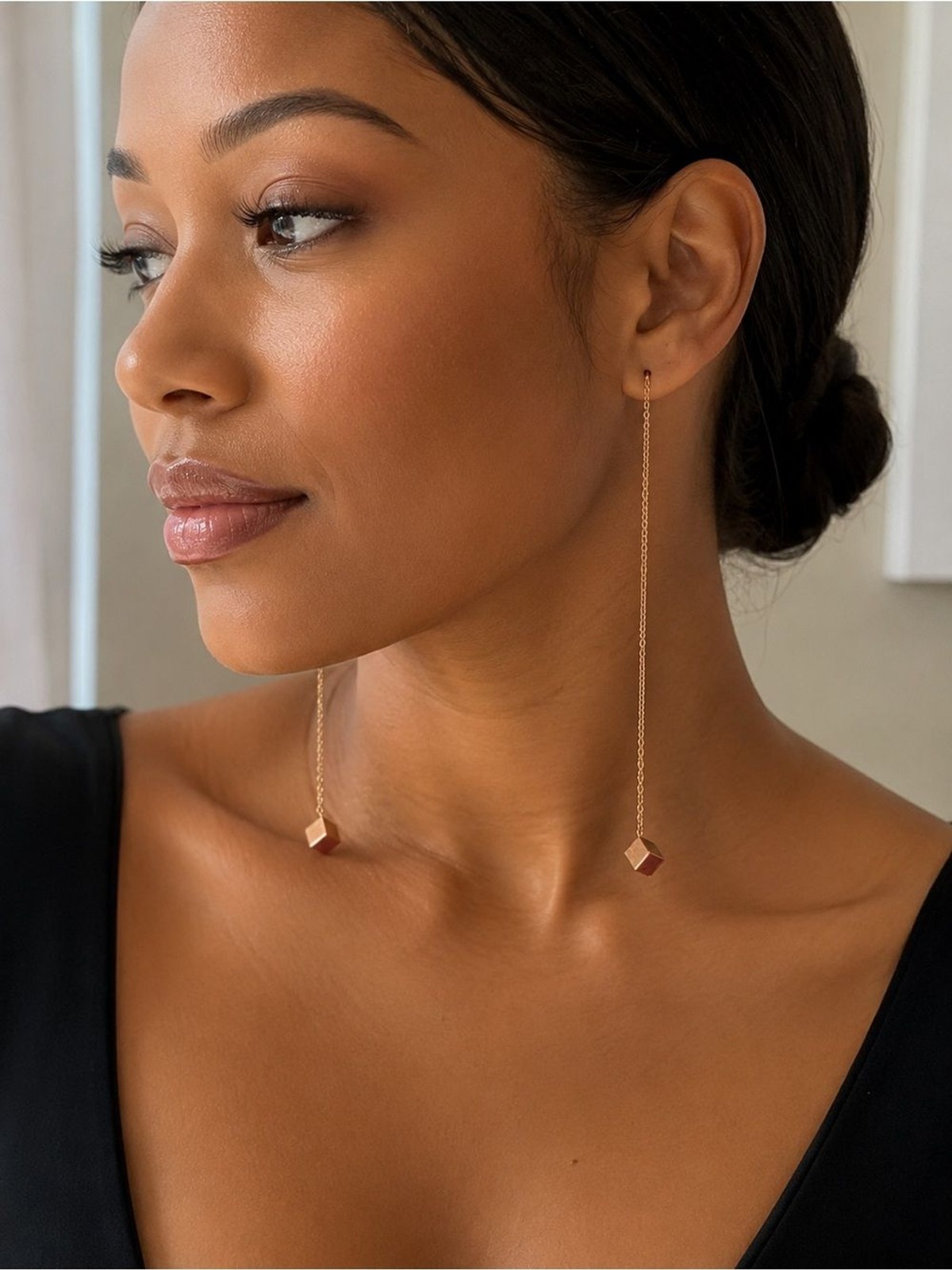 Gold Threader Cube Drop Earrings – Minimalist Women Jewelry