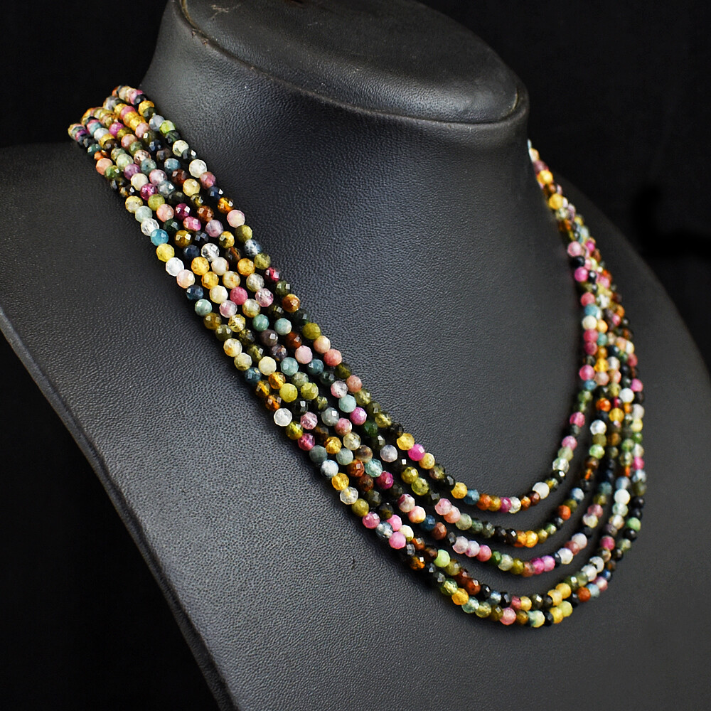 263 Cts Natural 5 Strand Tourmaline Round Cut Beads Necklace Jewelry JK 49E379
