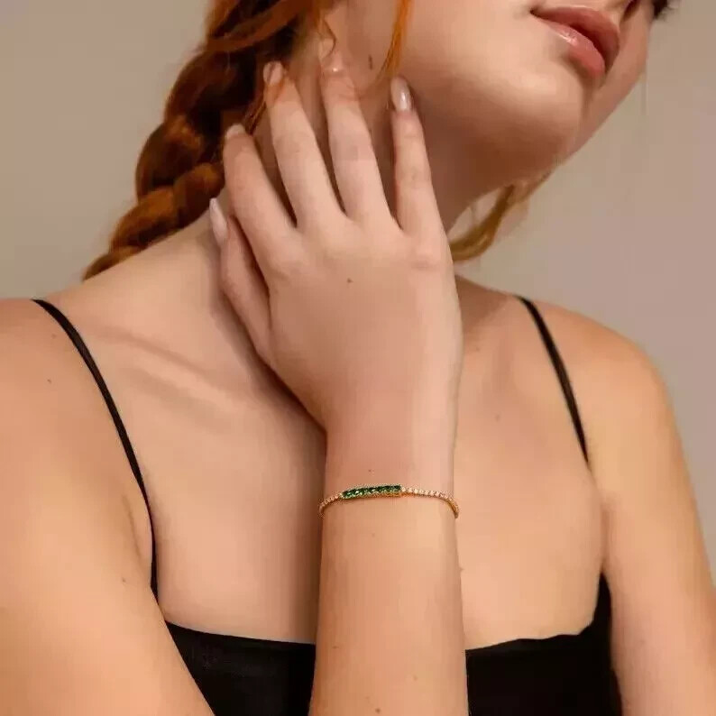 7Ct Round Cut Lab Created Green Emerald Tennis Bracelet 14K Yellow Gold Plated