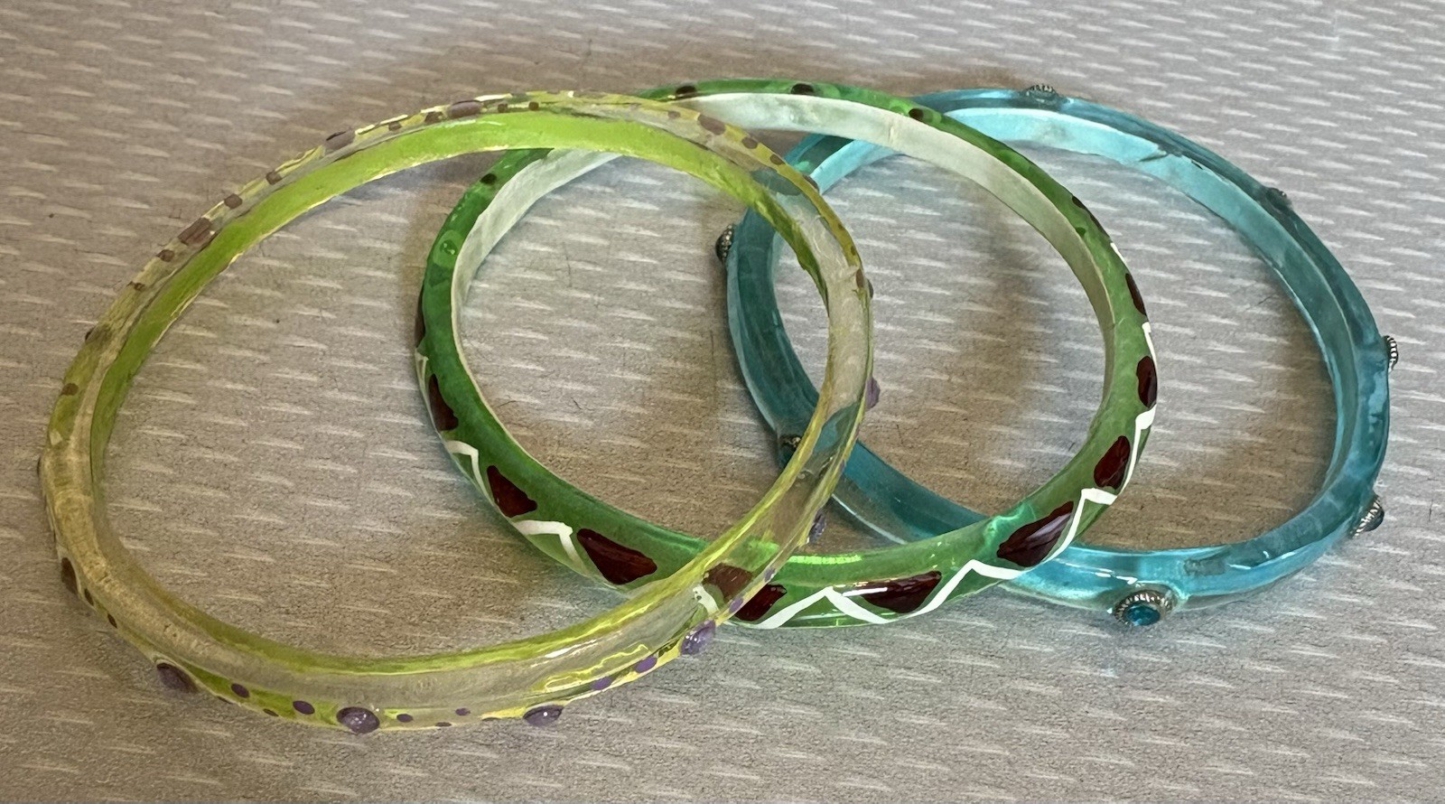 Vintage Clear Acrylic Resin Rhinestone Jewel Bangles Lot 3 Lime Green Turquoise