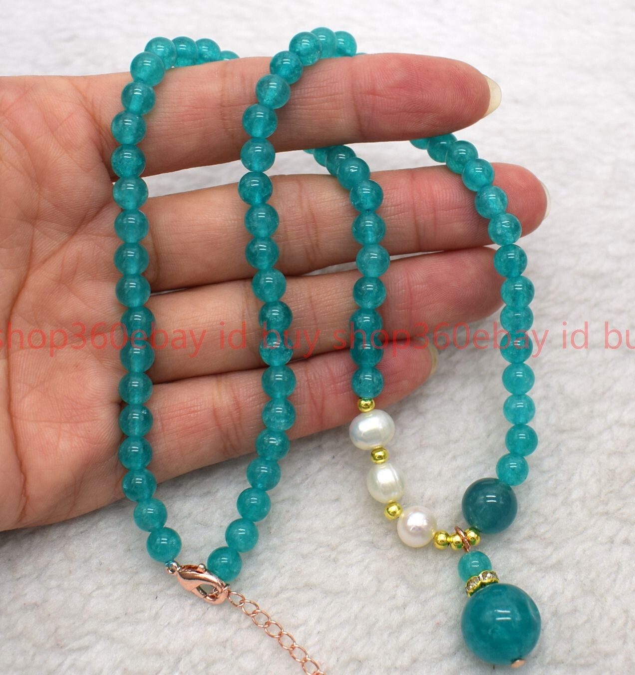 Natural 6mm Blue Amazonite Round Gems Beads White Pearl Pendant Necklace 16-28in