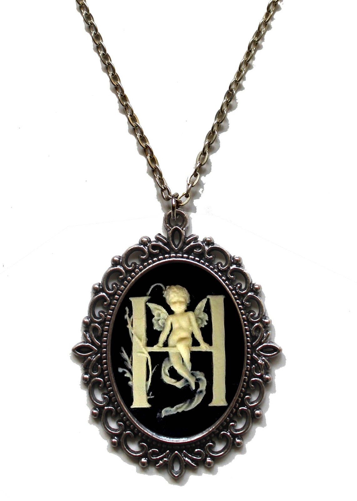 Letter Initial Alphabet Black & Ivory Cameo Pendant on Chain (Letter H)