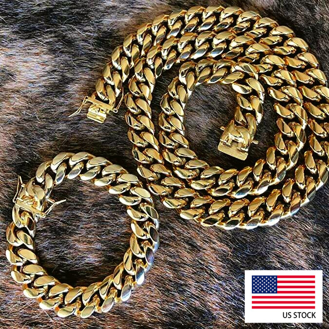 Stainless Steel Men’s Miami Cuban Link Bracelet Chain Combo Set 14K Gold Plated