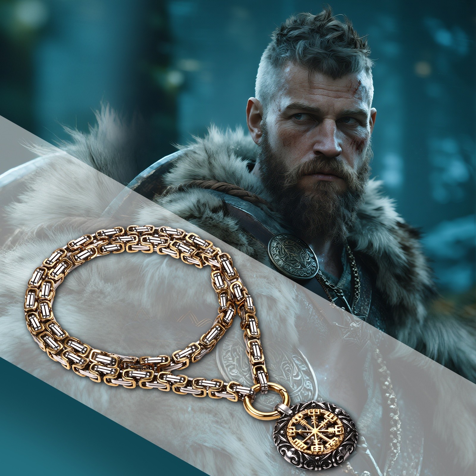 Men’s Viking Heavy Compass Rune Pendant Necklace Byzantine Chain Stainless Steel