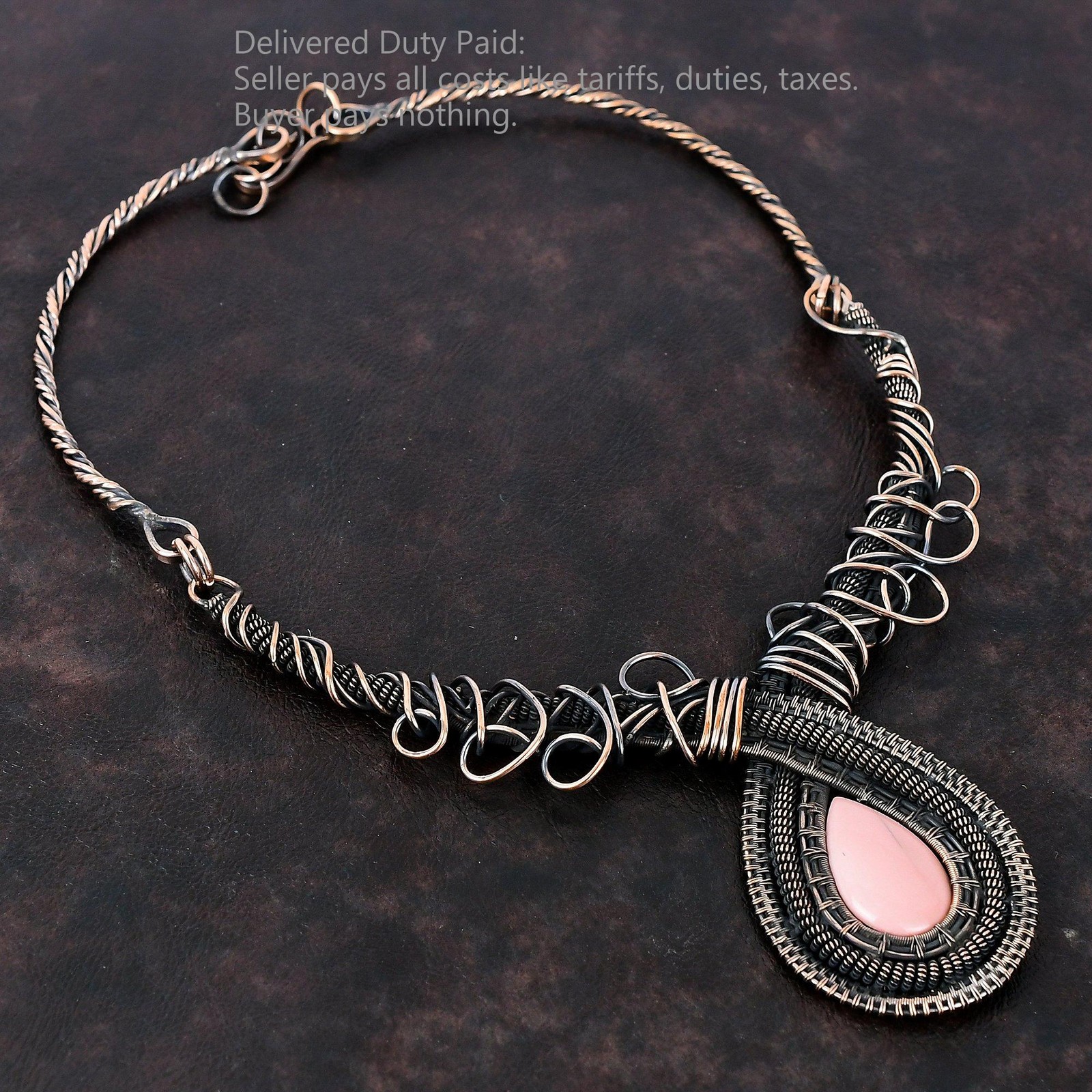 Natural Pink Opal Copper Wire Wrapped Chain Anniversary Artisan Necklace Jewelry