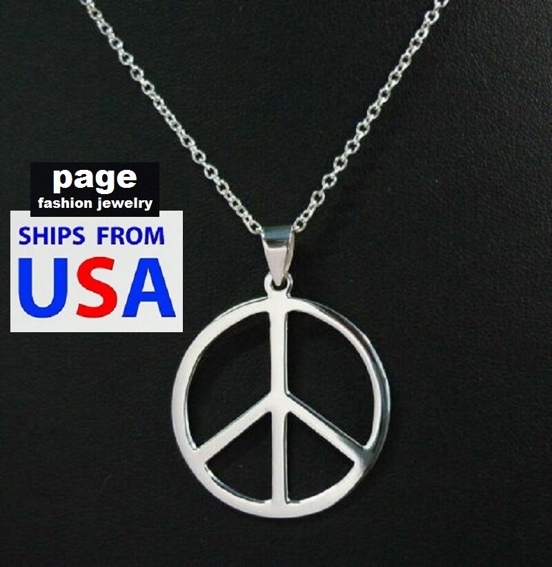 Large 1-3/4″ Peace Sign Antique Silver Tone Pendant With 18″ Chain Necklace
