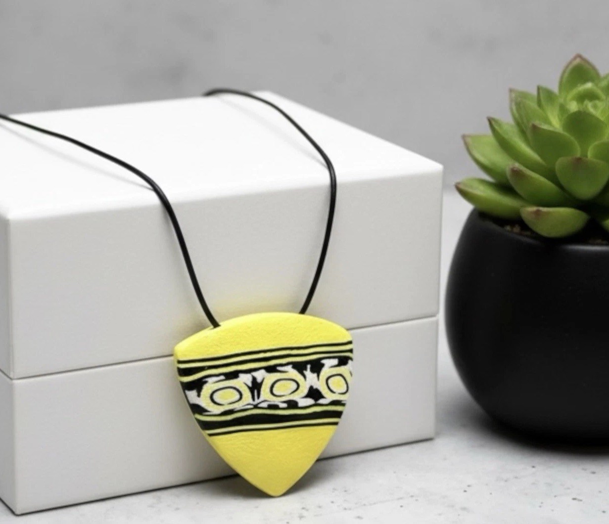 Yellow Black White Graphic Print Handmade Polymer Clay LG Pendant Necklace Cord