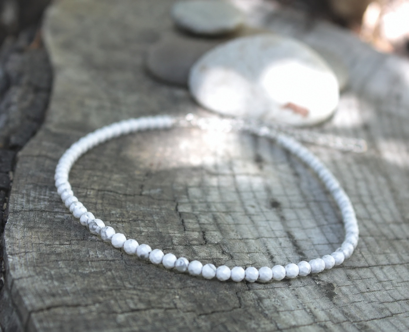 White Howlite Crystal Anklet 2mm Faceted Gemstone Anklets Healing Reiki Jewelry