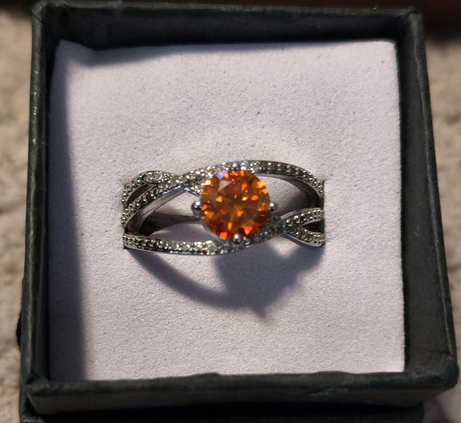 Silver Band Ring Round Orange Moissanite Prong Setting Adjustable