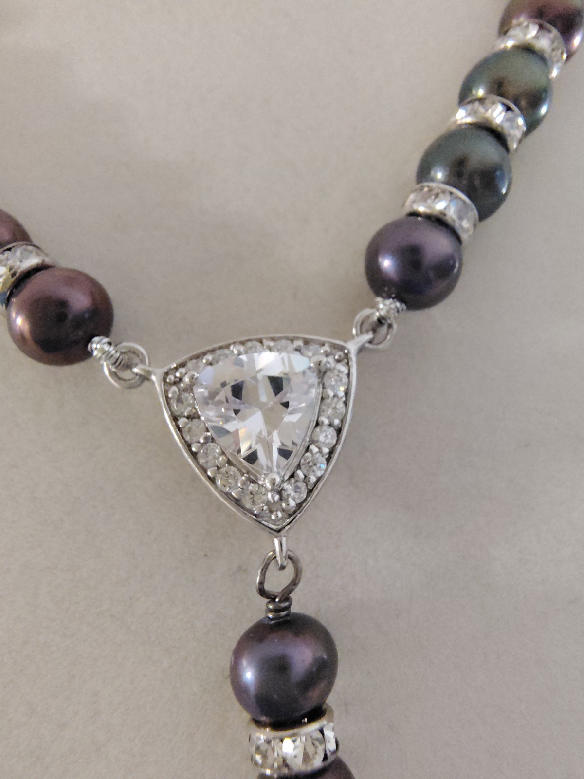 Danbury Mint Peacock Black Pearl Trillion CZ Y Drop Necklace 18″ + 2″ Extender