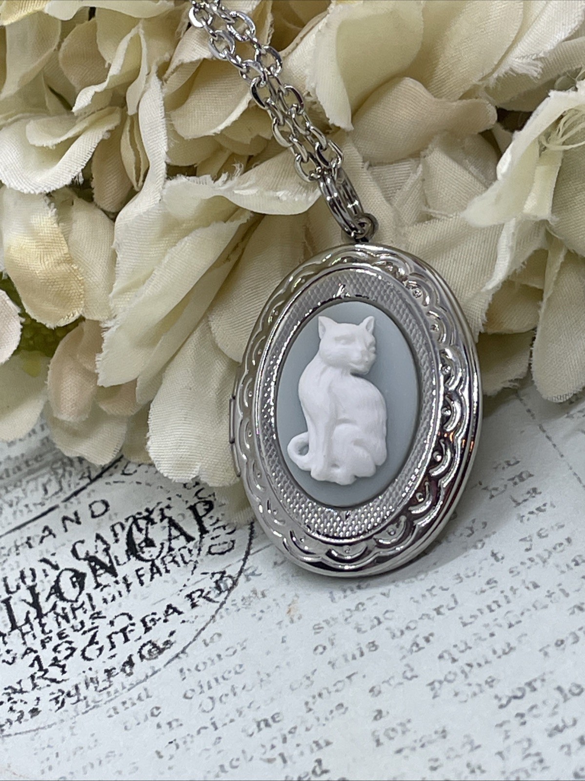Silver Kitty Cat Kitten Blue Cameo Locket Necklace Pendant Rescue Lover Wedding