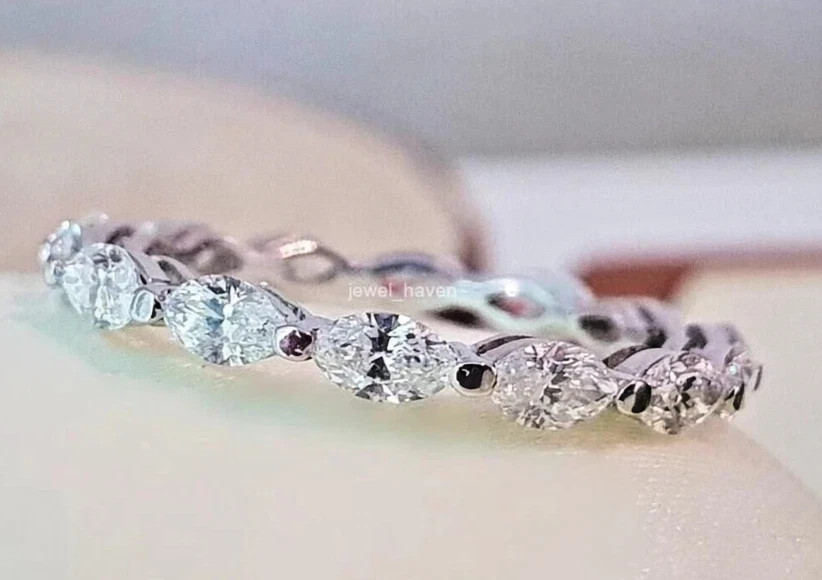 3.5Ct Marquise Cut Natural Diamond Real 14K White Gold Luxury Eternity Band Ring