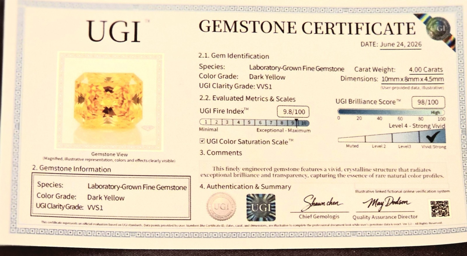 UGI Certified 4.00ctw Lab-Grown Radiant Yellow Gemstone 925 Sterling Silver Sz 7