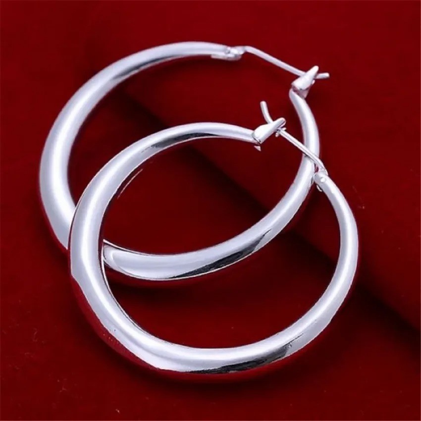 925 Sterling Silver 33mm Large Hoop Earrings Round Circle Women Trend Jewelry
