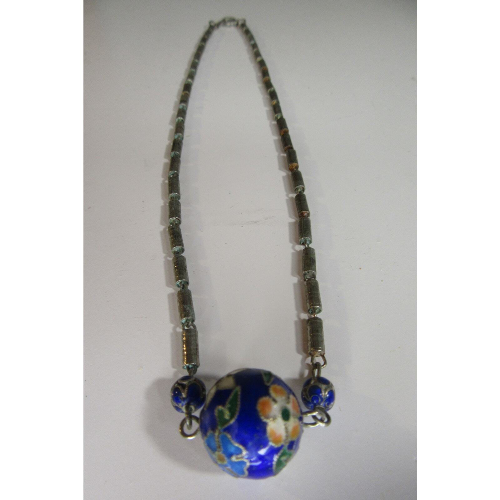 Blue Cloisonne Flowers 11mm Round Bead 2x 5mm Round Beads Silver Tone Necklace