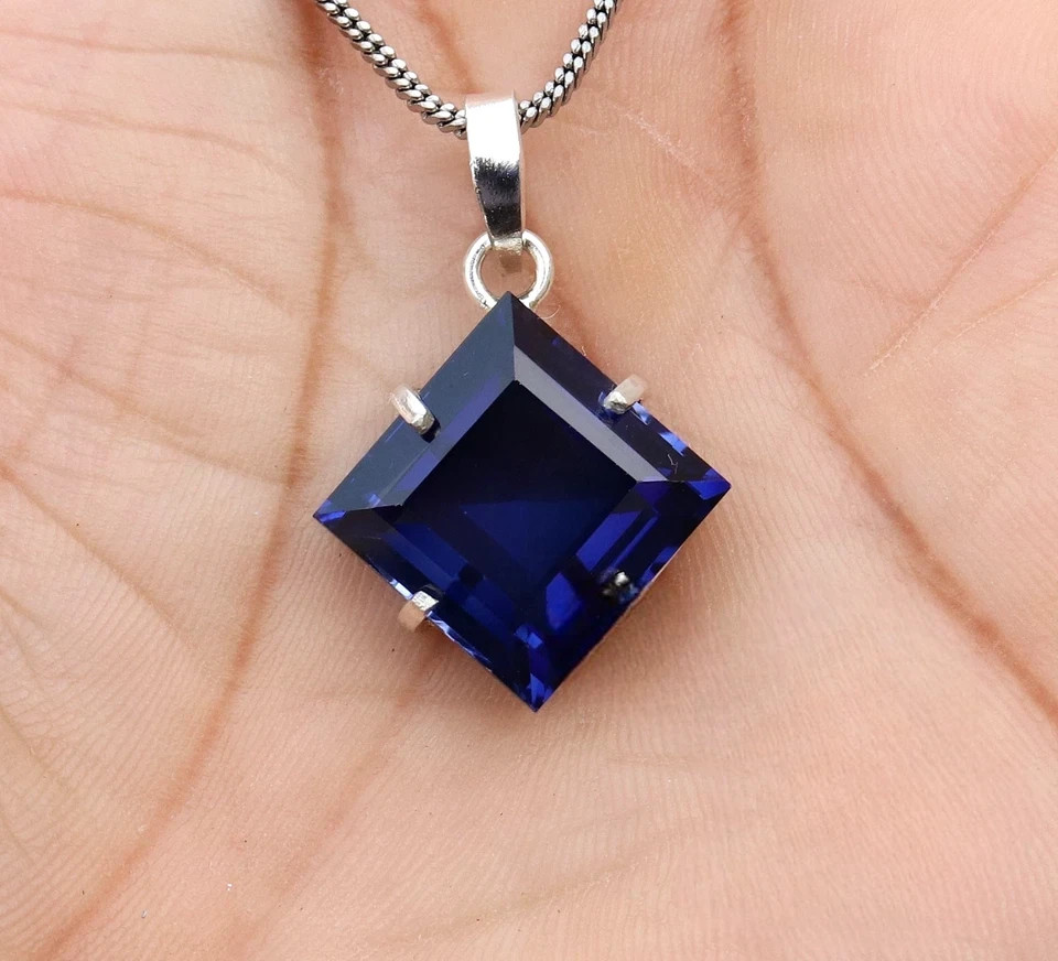 Natural Blue Sapphire 26 Ct Princess Cut 925 Solid Silver Pendant Gemstone