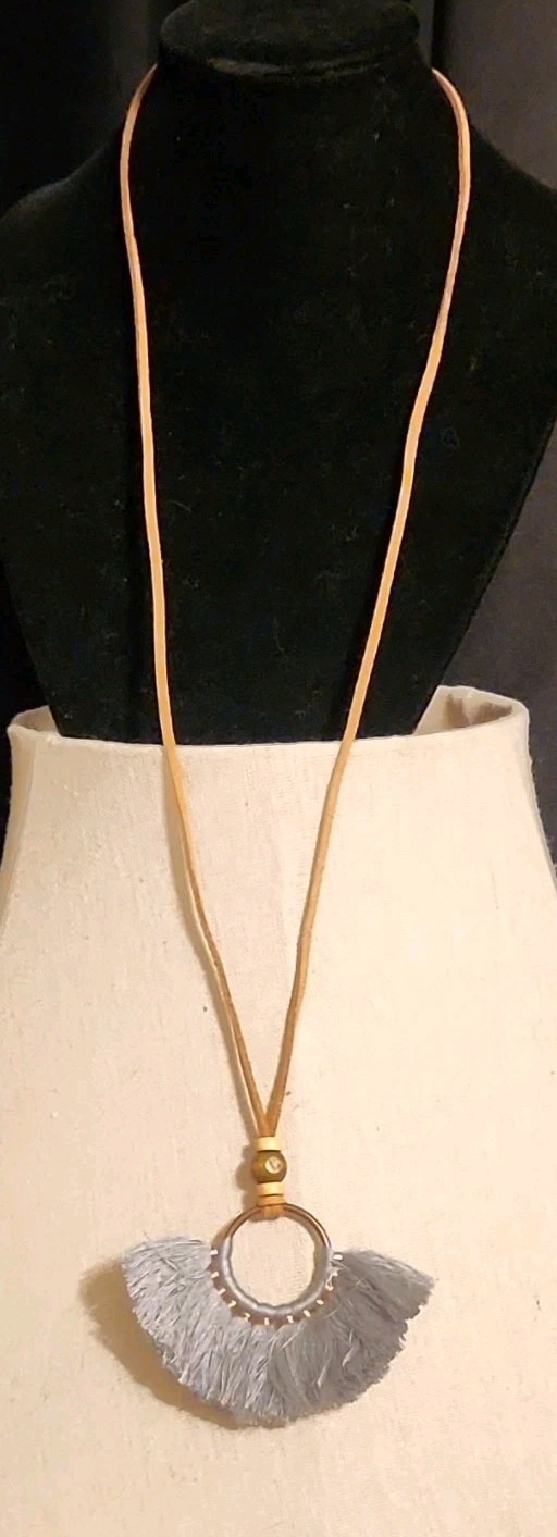 Gray Tassel Fringe Round Ring Pendant Necklace Faux Leather Brown Cord
