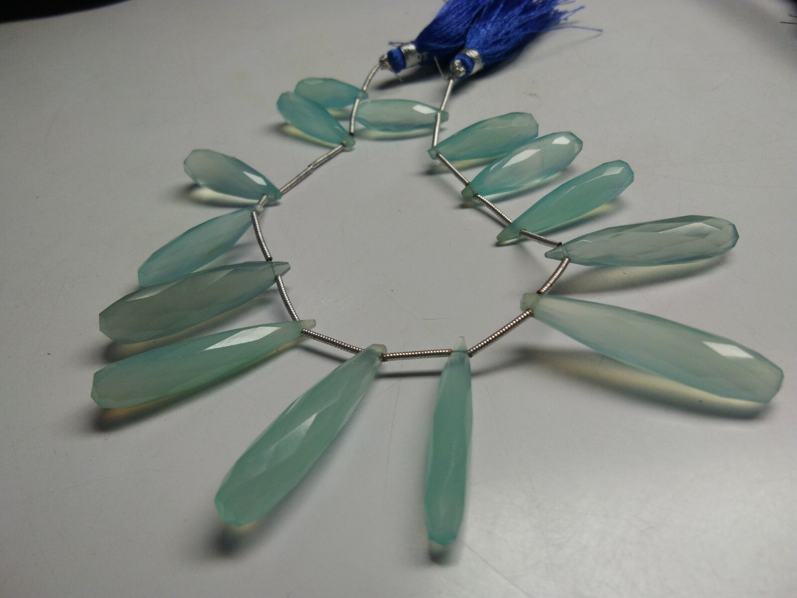 AAA AQUA CHALCEDONY FACETED LONG TEARDROPS 19-33 MM 14 BEADS GEMSTONE STRANDS