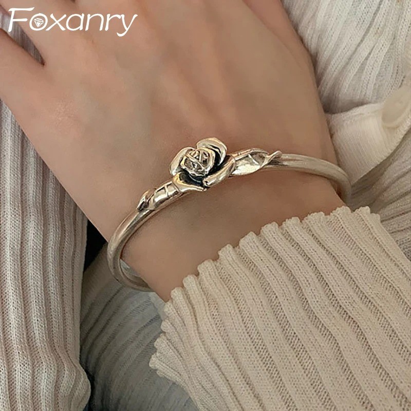 Vintage Flower Retro Rose Cuff Bangle 925 Sterling Silver Women Jewelry Bracelet