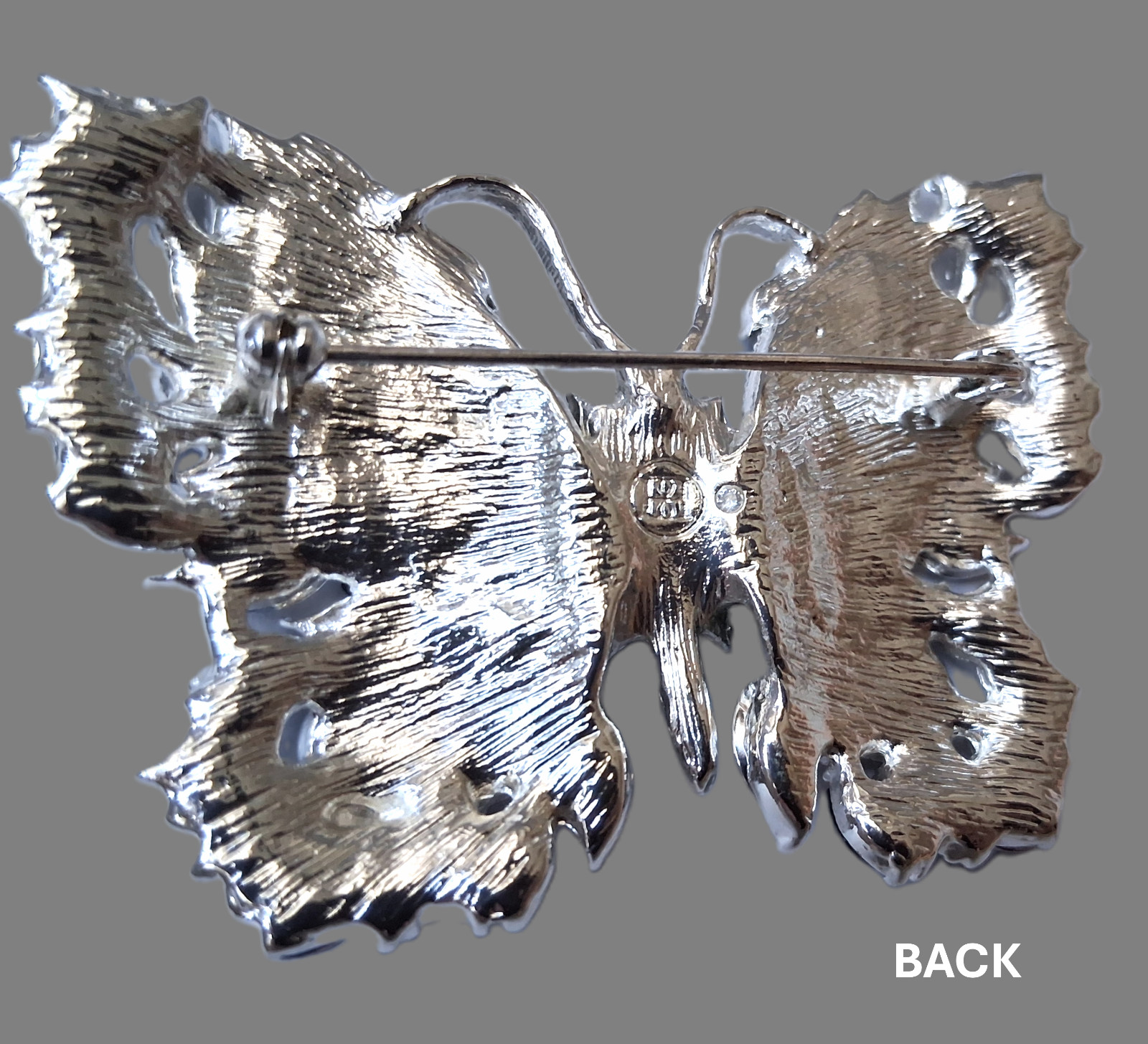 Butterfly brooch with multi-colored rhinestones & enamel accents (sliver-tone)