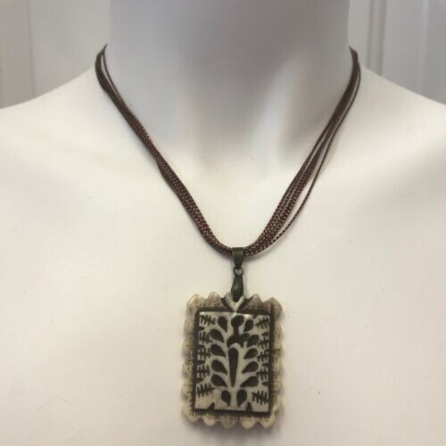 Rectangular Fluted Bone Pendant on a Bronze Tone Polyester Multi Cord Necklace