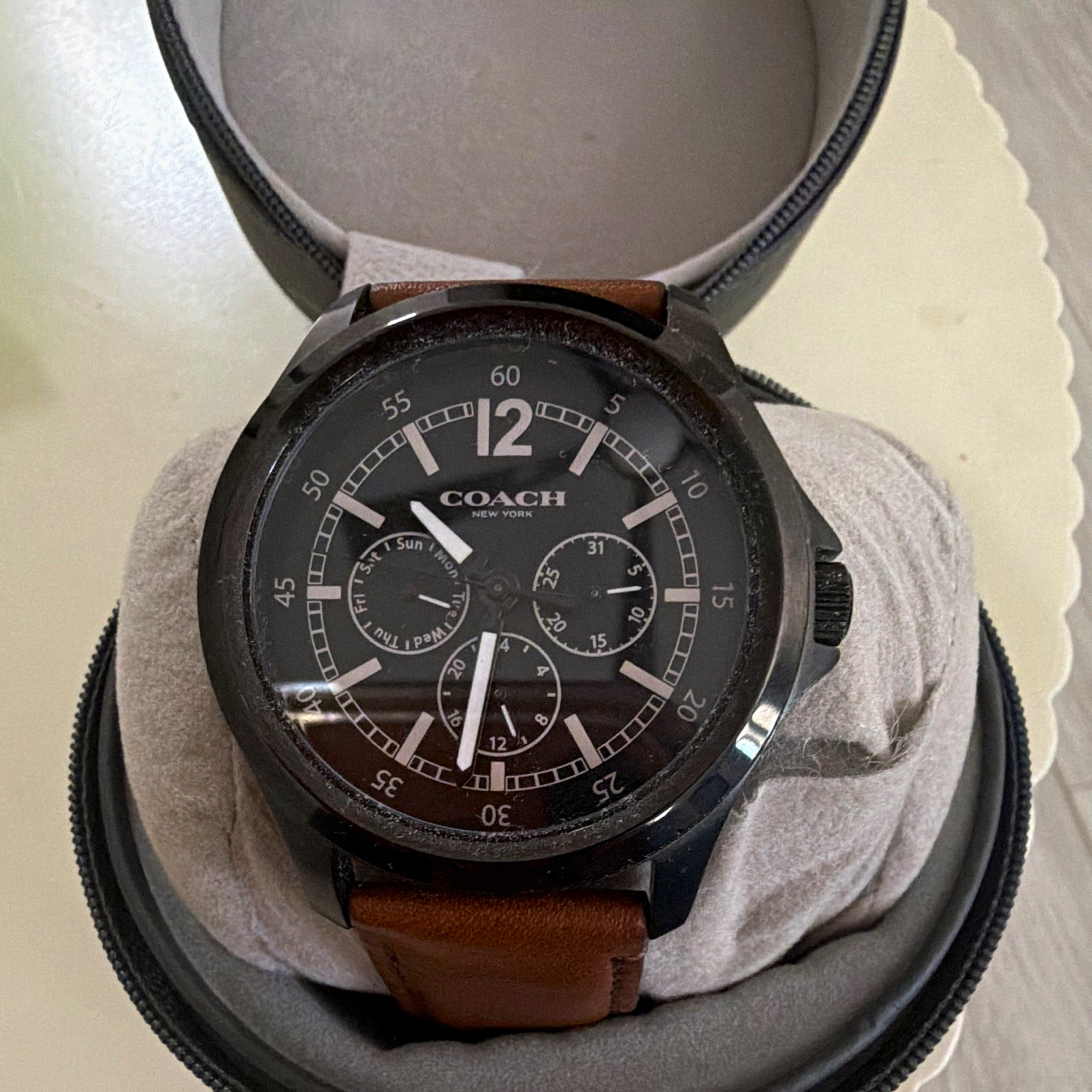 Coach New York Men’s Quartz Analog Wristwatch Black Dial Day/Date Brown Leather