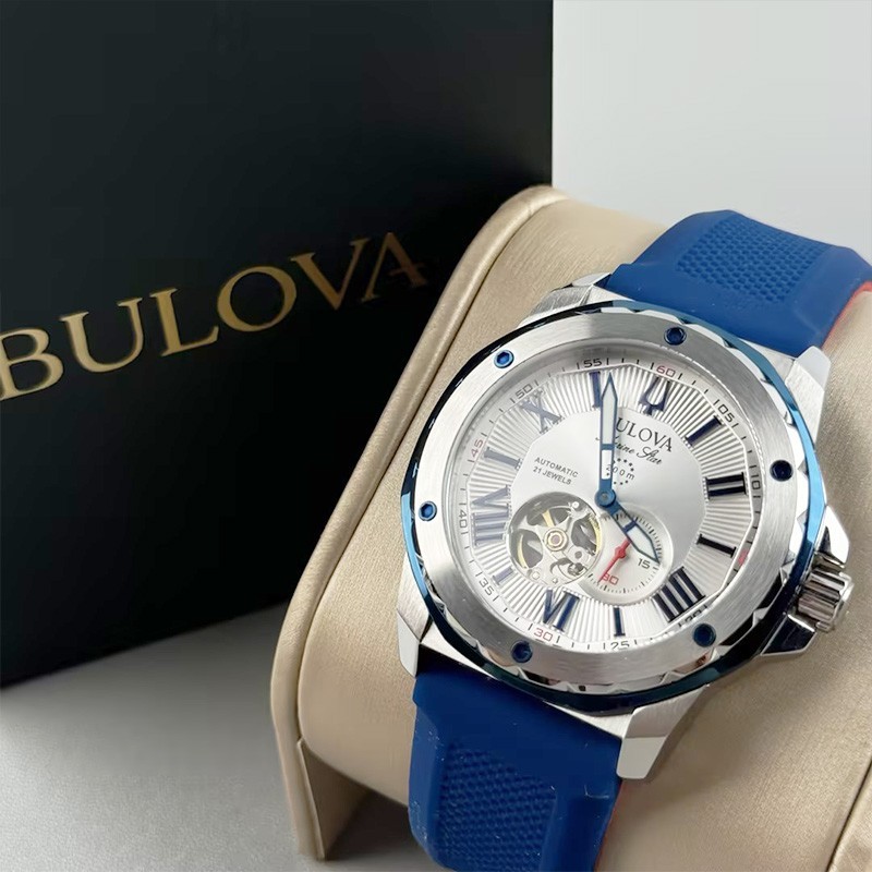 Bulova Marine Star 98A225 Automatic White Dial Blue Rubber Strap Men’s Watch
